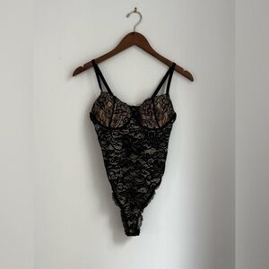 Black Lace Bodysuit with Nude Lining - Women's Intimates